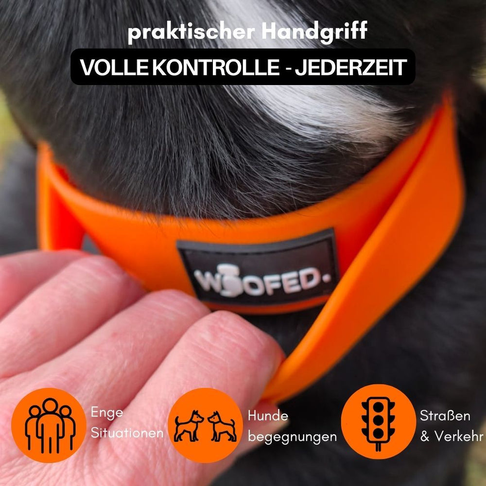 Verstellbares Halsband WOOFLEX® mit Froschkarabiner in leuchtendem Orange für optimale Hunde-Kontrolle.