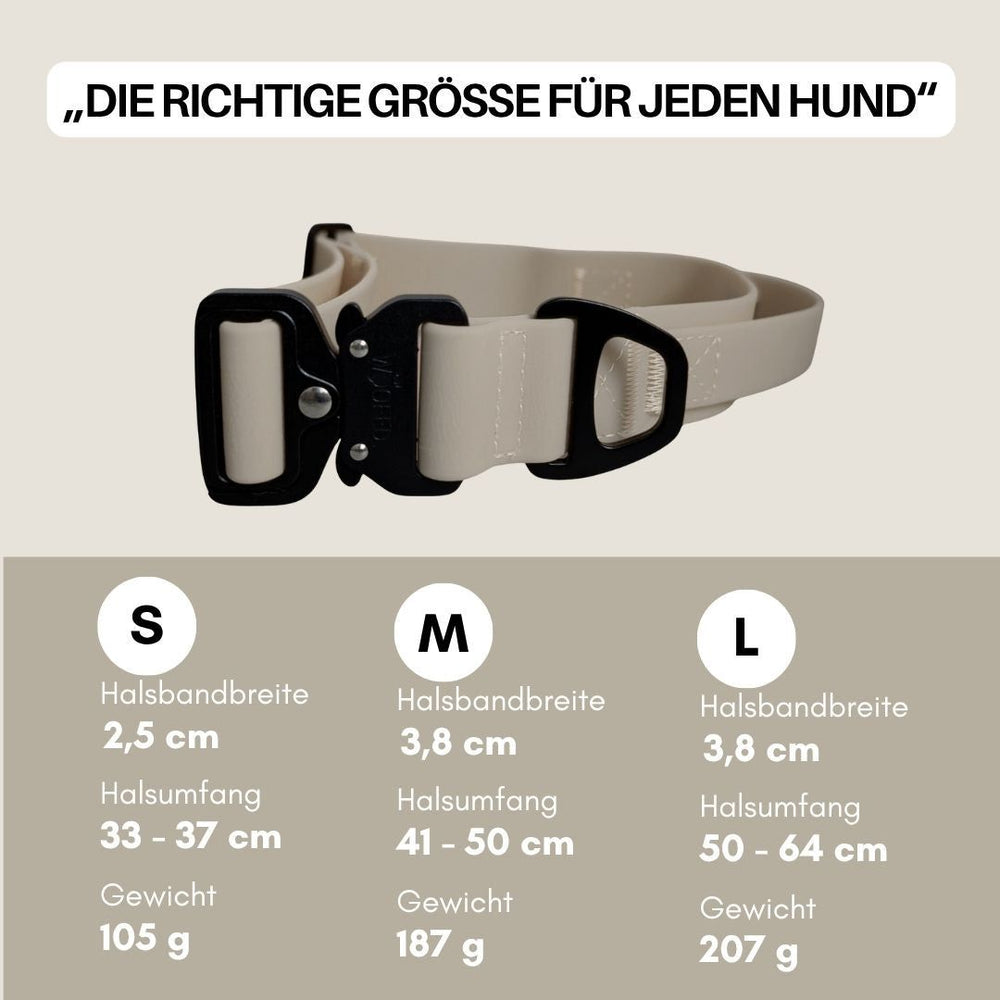 Verstellbares WOOFLEX® Hundehalsband mit Froschkarabiner in drei Größen (S, M, L) und Maßangaben für jeden Hund.