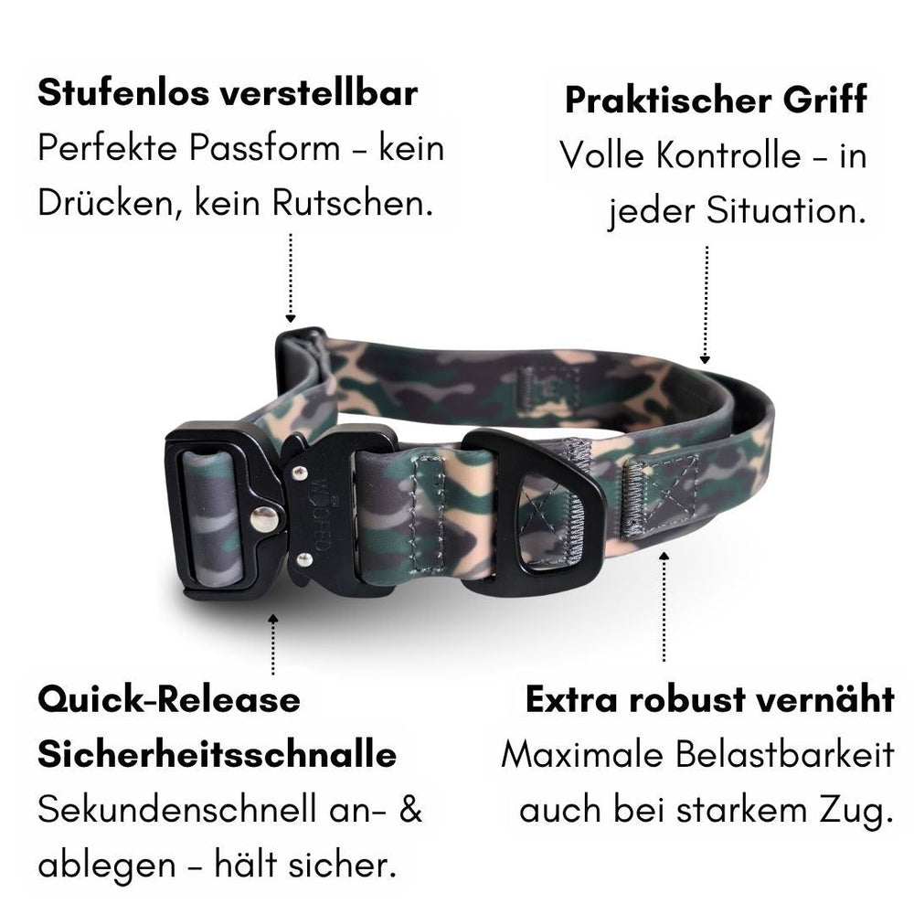 Verstellbarer WOOFLEX® Halsband mit Froschkarabiner, camouflagemuster, praktischem Griff und Quick-Release Sicherheitsnadel.