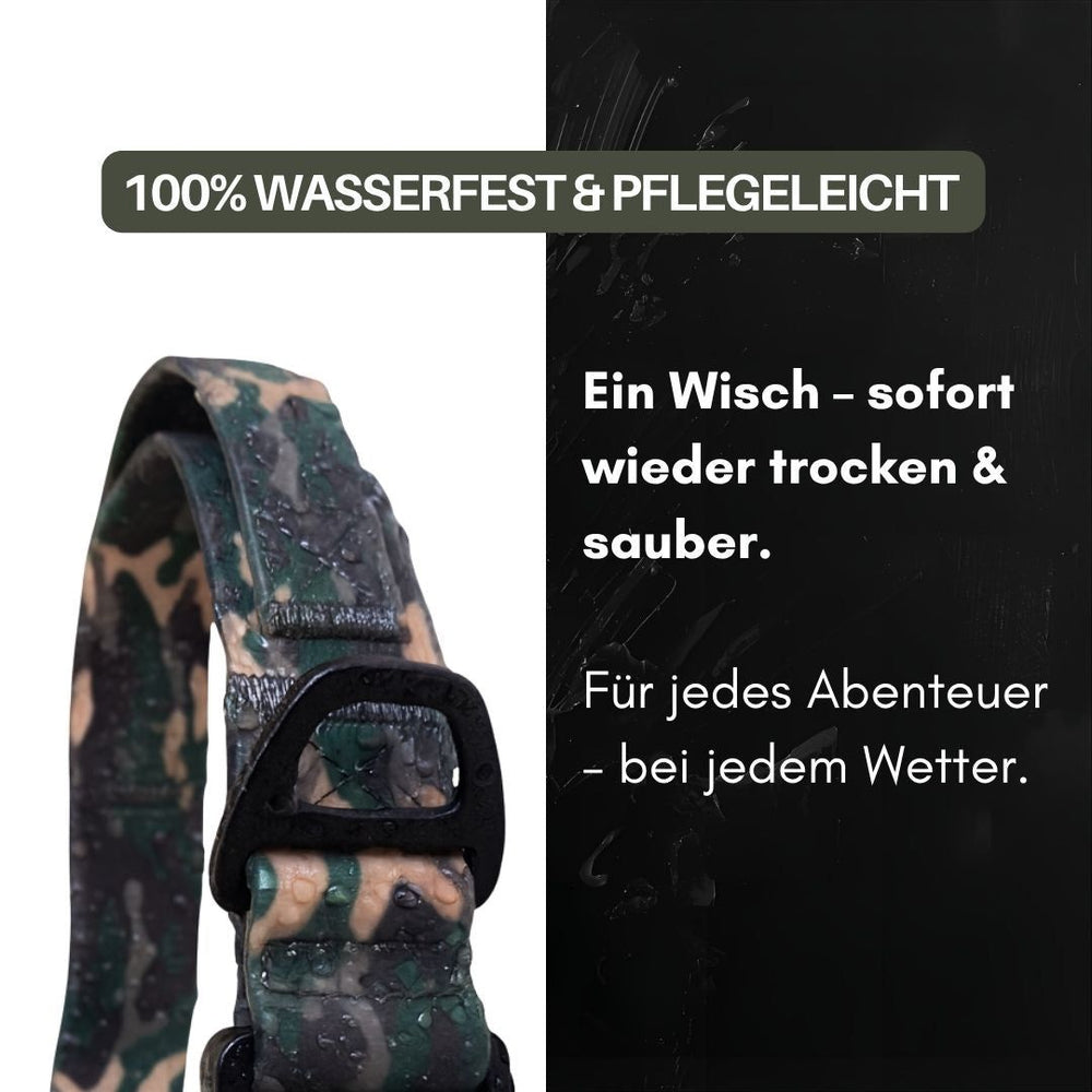 Verstellbares WOOFLEX® Halsband mit Froschkarabiner, wasserfest und pflegeleicht, ideal für Abenteuer mit dem Hund.
