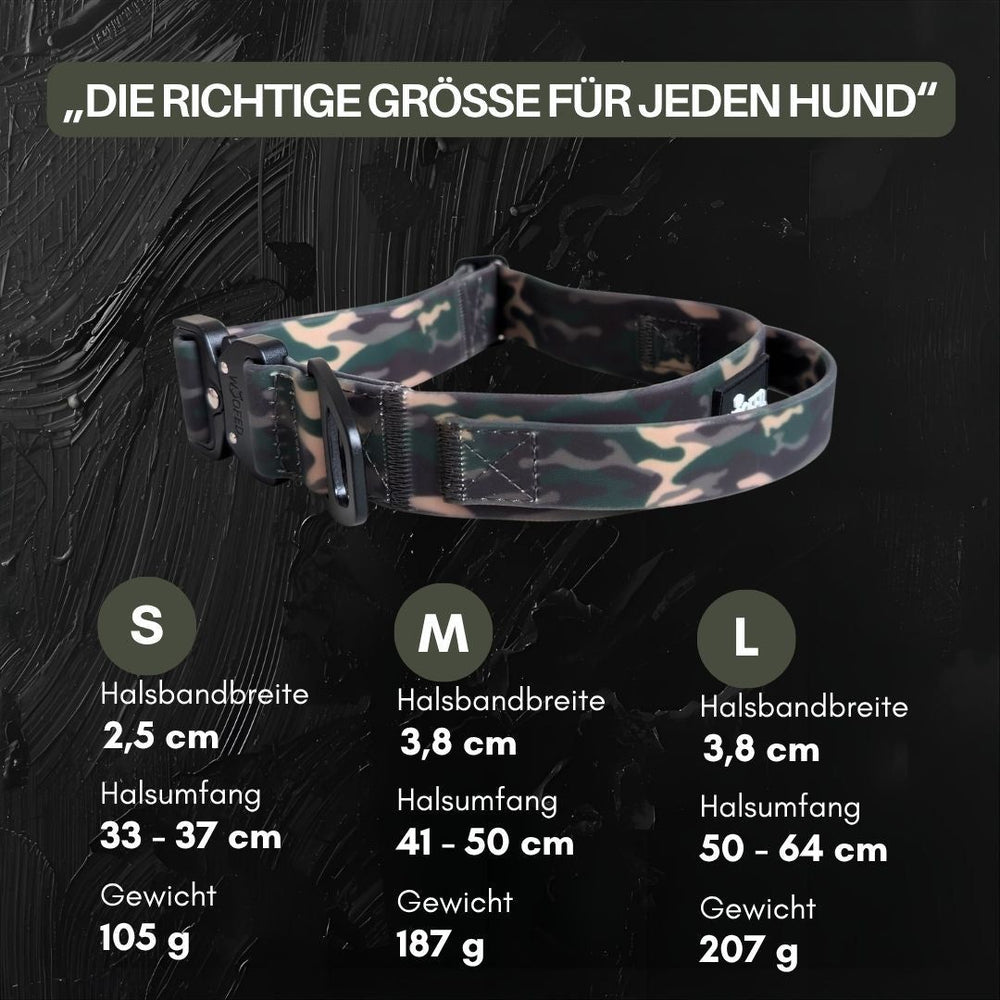 Verschiedene Größen von WOOFLEX® Hundehalsbändern mit Froschkarabiner: S, M und L, samt Größenangaben und Gewicht.