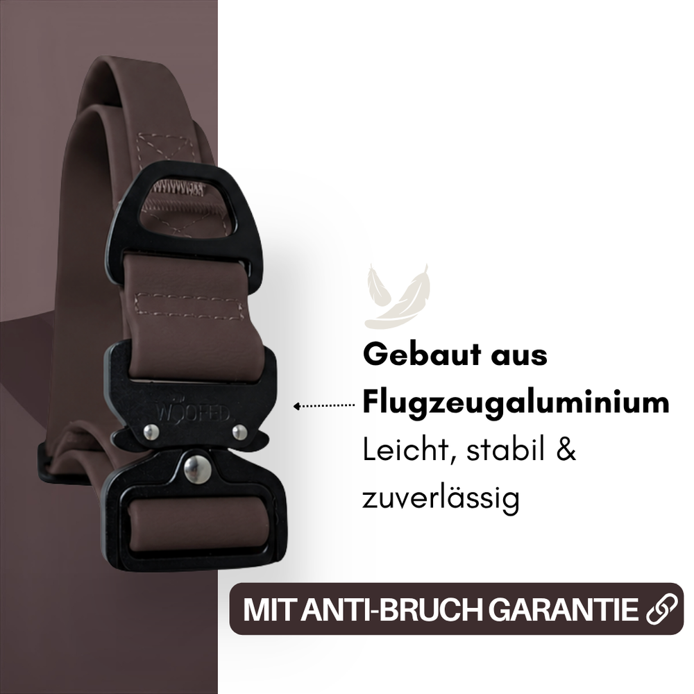 Verstellbares WOOFLEX® Halsband in Braun mit stabiler Schnalle aus Aluminium und Anti-Bruch-Garantie.