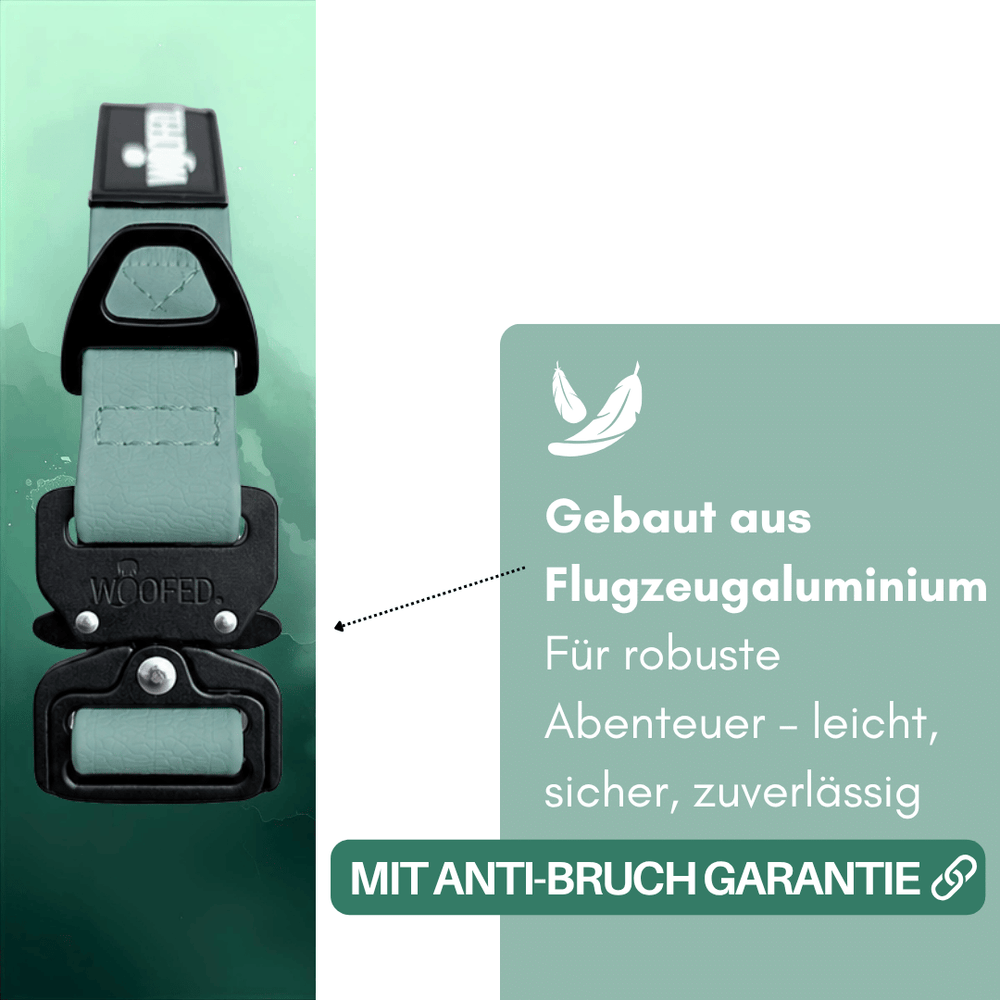 Verstellbares WOOFLEX® Tactical Halsband für Hunde in mintgrün, stabil, aus Aluminium, mit schwarzem Anti-Bruch-Verschluss.