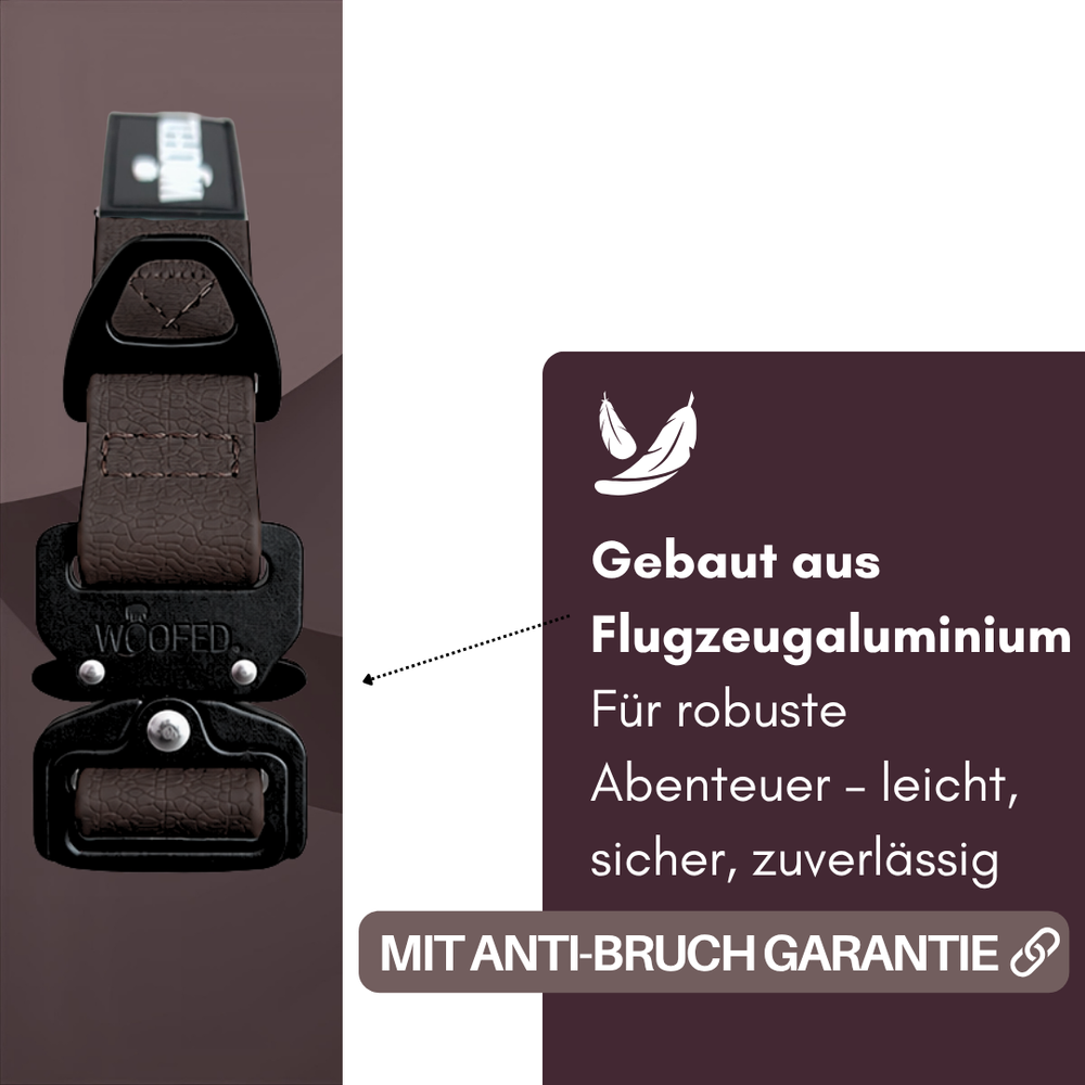 Verstellbares WOOFLEX® Tactical Halsband aus robustem Flugzeugaluminium, ideal für Abenteuer und langlebig.