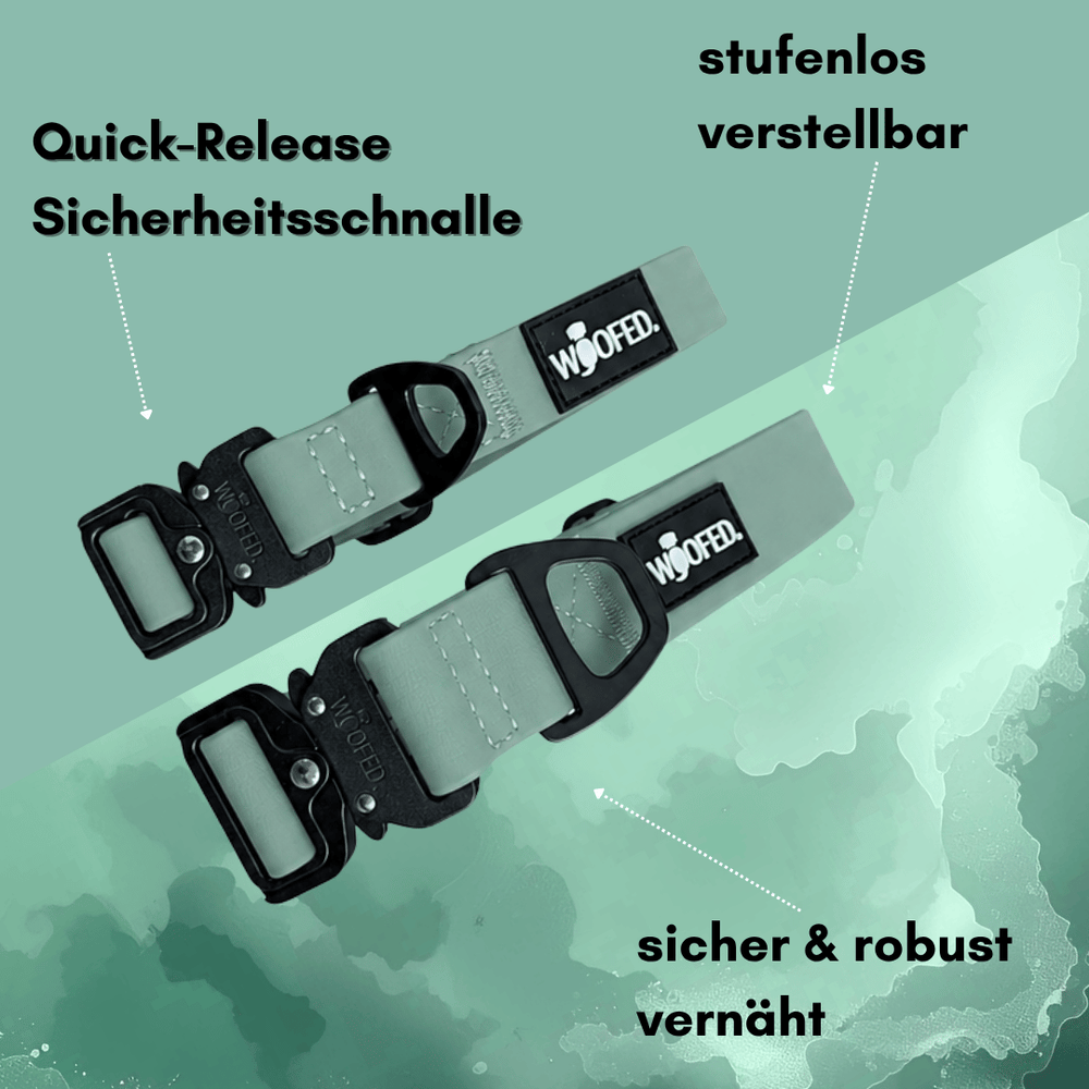 Verstellbares WOOFLEX® Tactical Halsband in dezentem Grünton mit robuster Quick-Release-Schnalle für einfache Handhabung.