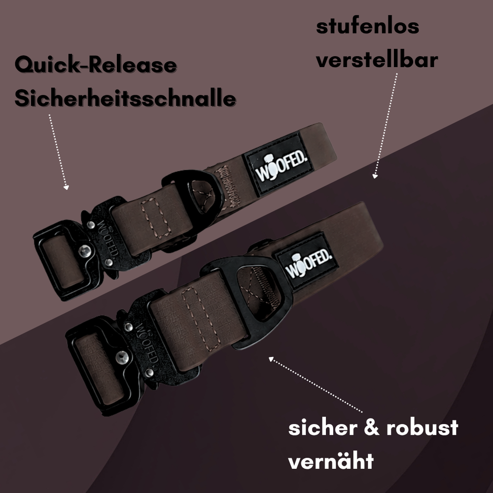 Braune verstellbare Sicherheits schnalle von WOOFLEX® mit Quick-Release-System, robust und sicher vernäht.