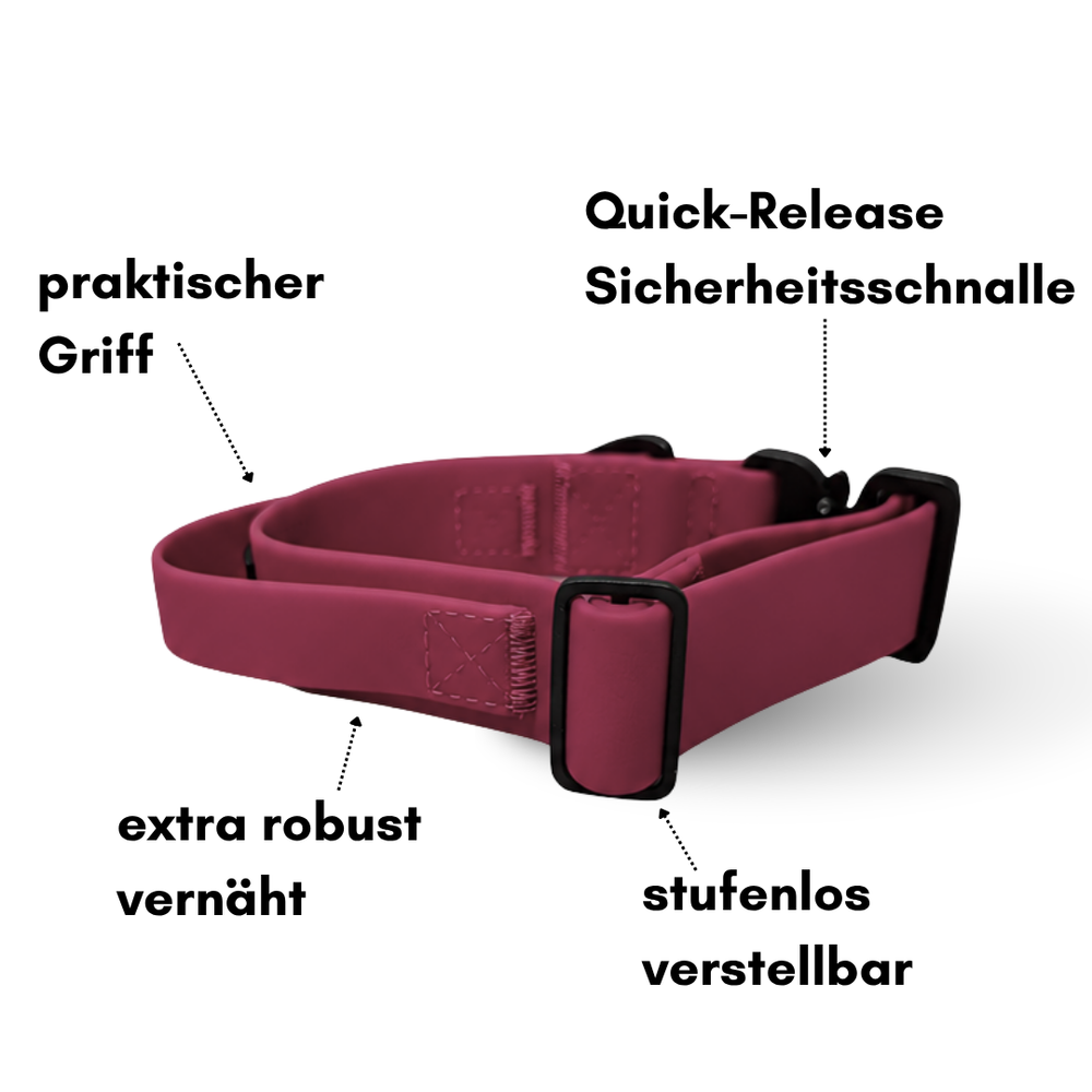 Verstellbares pinkfarbenes WOOFLEX® Halsband mit Griff und Quick-Release Sicherheitschnalle, robust und stufenlos einstellbar.