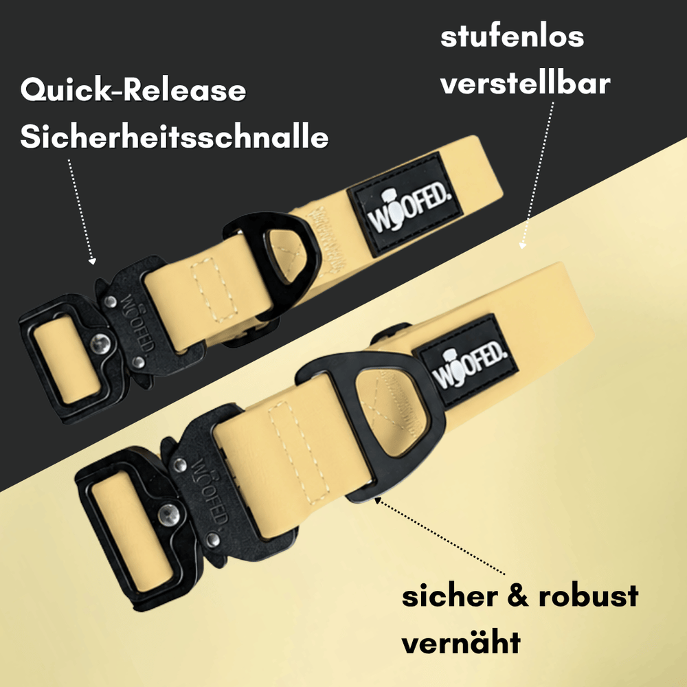 Verstellbares WOOFLEX® Tactical Hundehalsband in Gelb mit sicherer Quick-Release-Schnalle und robusten Nähten.