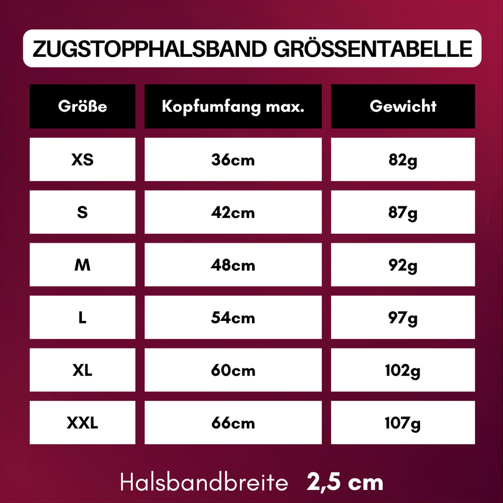 Größentabelle für WOOFLEX® Zugstopphalsbänder, von XS bis XXL mit max. Kopfumfang und Gewicht.