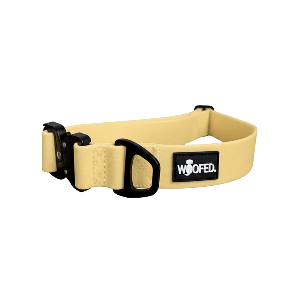 Verstellbares hundehalsband WOOFLEX® Tactical in Gelb, robust mit praktischen Verschluss und Haken-Design.