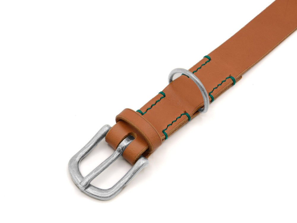 Braunes Lederhalsband Waldgeist mit silberner Schnalle und grüner Naht für stilvolle Tieraccessoires.