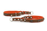 Premium Zugstopp-Halsband für Dackel in Braun und Orange mit silbernen Elementen und tierischen Dekoren.