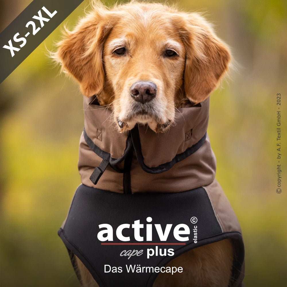Hund mit braunem Wärmecape und hohem Kragen, erhältlich in Größen von XS bis 2, sorgt für Wärme und Komfort.