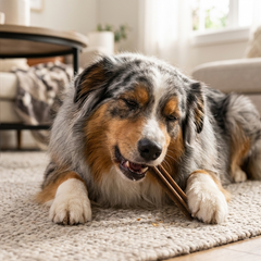 Australischer Schäferhund entspannt im Raum und kaut genüsslich auf einem FRED Dental Stick.