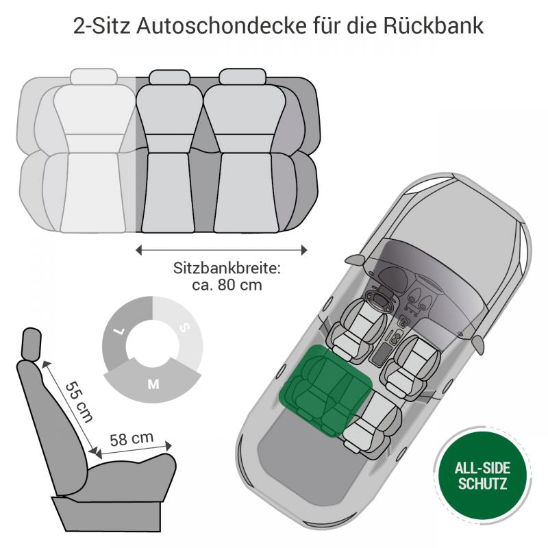 "2-Sitz Autoschondecke für die Rückbank mit Maßangaben für optimale Passform und Schutz."