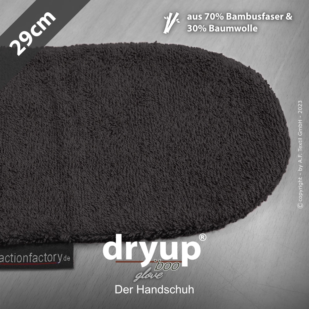 Ovaler Dryup® Handschuh in Dunkel, aus 70% Bambusfaser und 30% Baumwolle, 29 cm lang, mit Markenname unten.