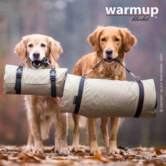 Zwei Hunde halten ihre gepolsterten warmup© Hundedecken mit Tragegriffen im Mund, die in hellen Farben erstrahlen.