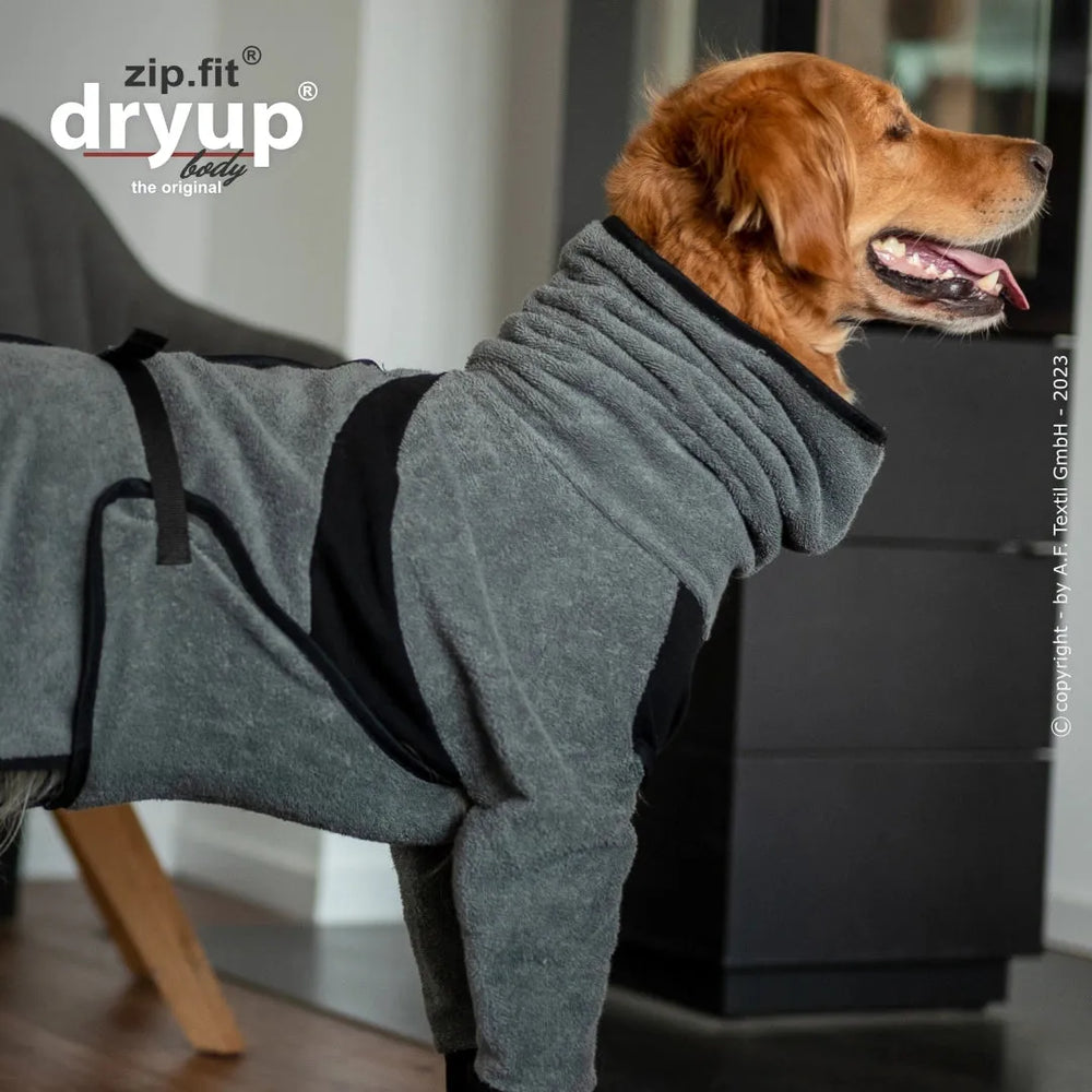 Ein Hund in einem grauen, flauschigen Pullover mit hohem Kragen und schwarzem Gurtband steht seitlich.