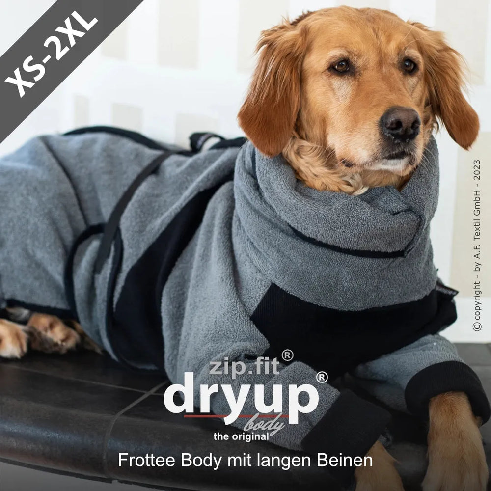 Hund im grauen Frottee-Bodystyle von Dryup® BODY zip.fit®, entspannt liegend mit Kapuze und langen Beinen.