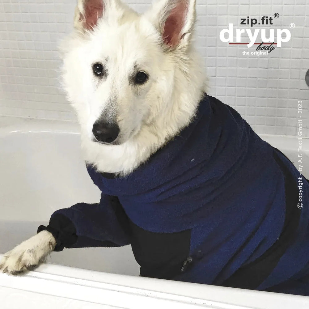 Weißer Hund in Badewanne mit blau-schwarzem Kapuzenpullover, umgeben von gefliesten Wänden.