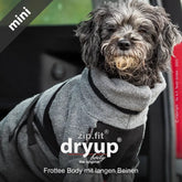 Hund im grauen Frottee-Overall mit schwarzen Details, sitzt im Fahrzeug und wirkt dabei gemütlich und komfortabel.