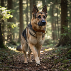 Deutscher Schäferhund mit braunem Zugstopp Lederhalsband läuft im Wald zwischen Bäumen. Natur und Licht vermitteln Freiheit.