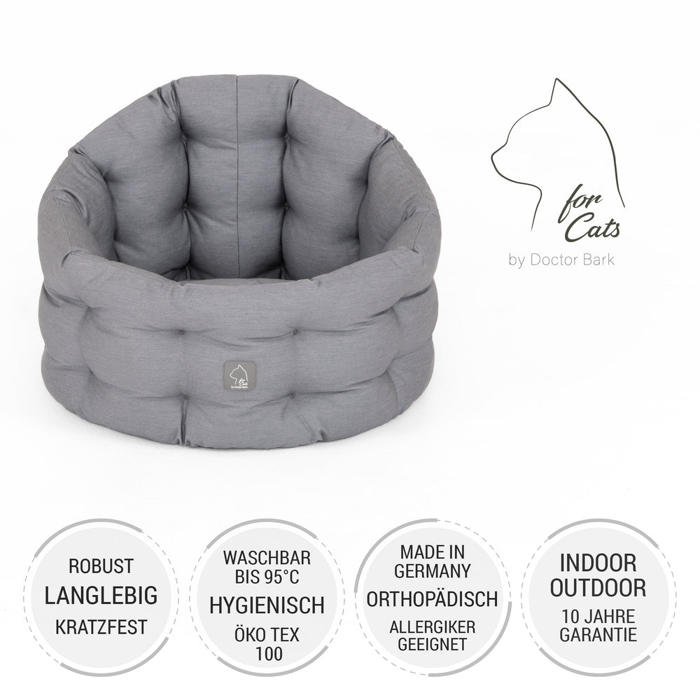 Graues Katzenbett Deluxe aus strapazierfähigem, waschbarem Material, runde Form, ideal für Innenräume.