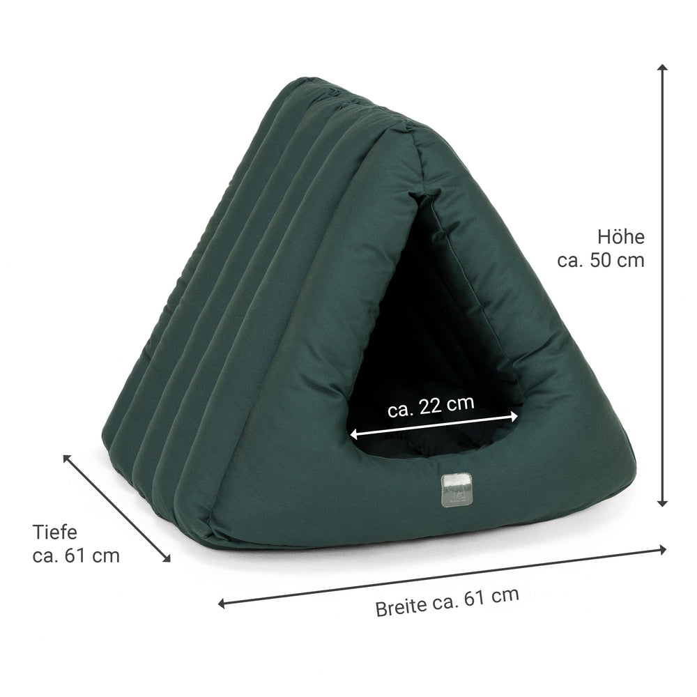 "Dreieckige grüne Katzenhöhle Deluxe mit Eingang, Höhe 50 cm, ideal für gemütliche Erholung."
