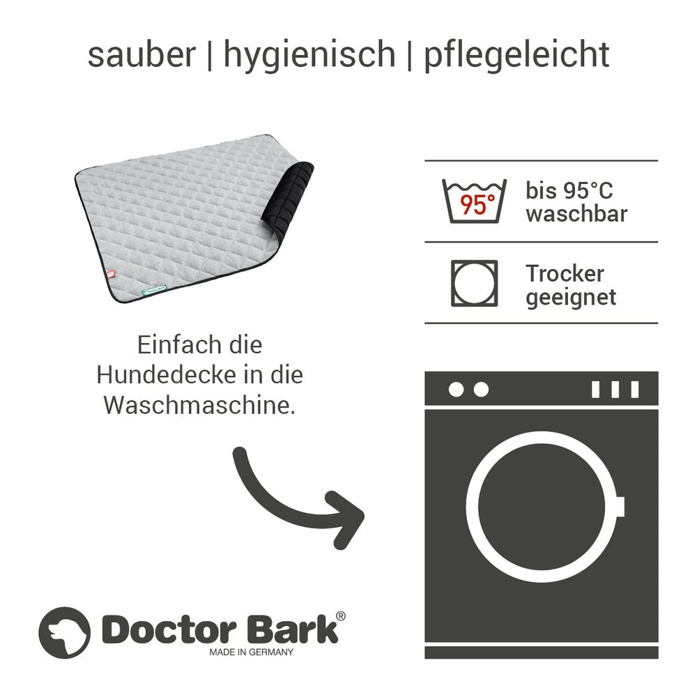 "Graue Fleece-Hundedecke von Doctor Bark mit strukturiertem Design und schwarzem Rand, waschbar bis 95 °C."