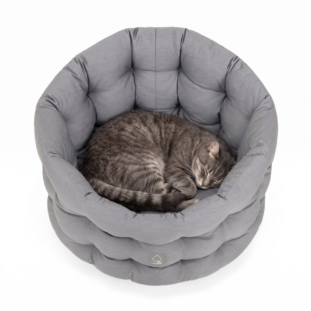 Graues, rundes Katzenbett Deluxe mit einer schlafenden, zusammengerollten Katze in der Mitte. Weiche, gepolsterte Oberfläche.