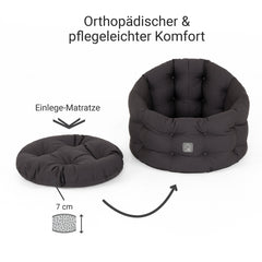 Rundes Katzenbett Deluxe mit herausnehmbarer, 7 cm dicker Matratze in dunkler Farbton-Design für höchsten Komfort.