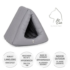 Graue Katzenhöhle Deluxe aus kratzfestem, waschbarem Material, ideal für hygienische Tierhaltung. Öko-Tex 100 zertifiziert.
