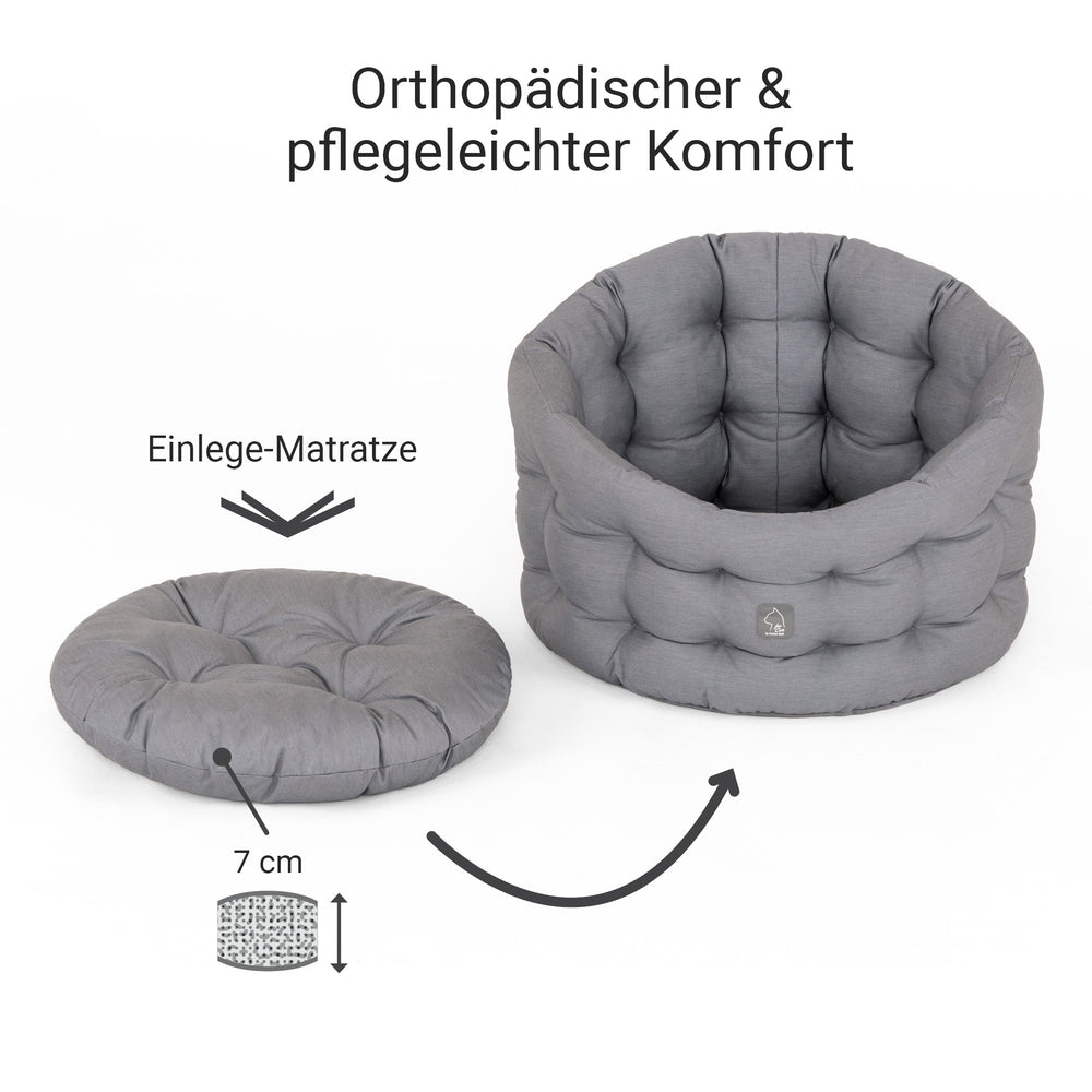 Orthopädisches graues Katzenbett Deluxe, rund mit 7 cm hoher, weicher Einlegematratze für optimalen Komfort.