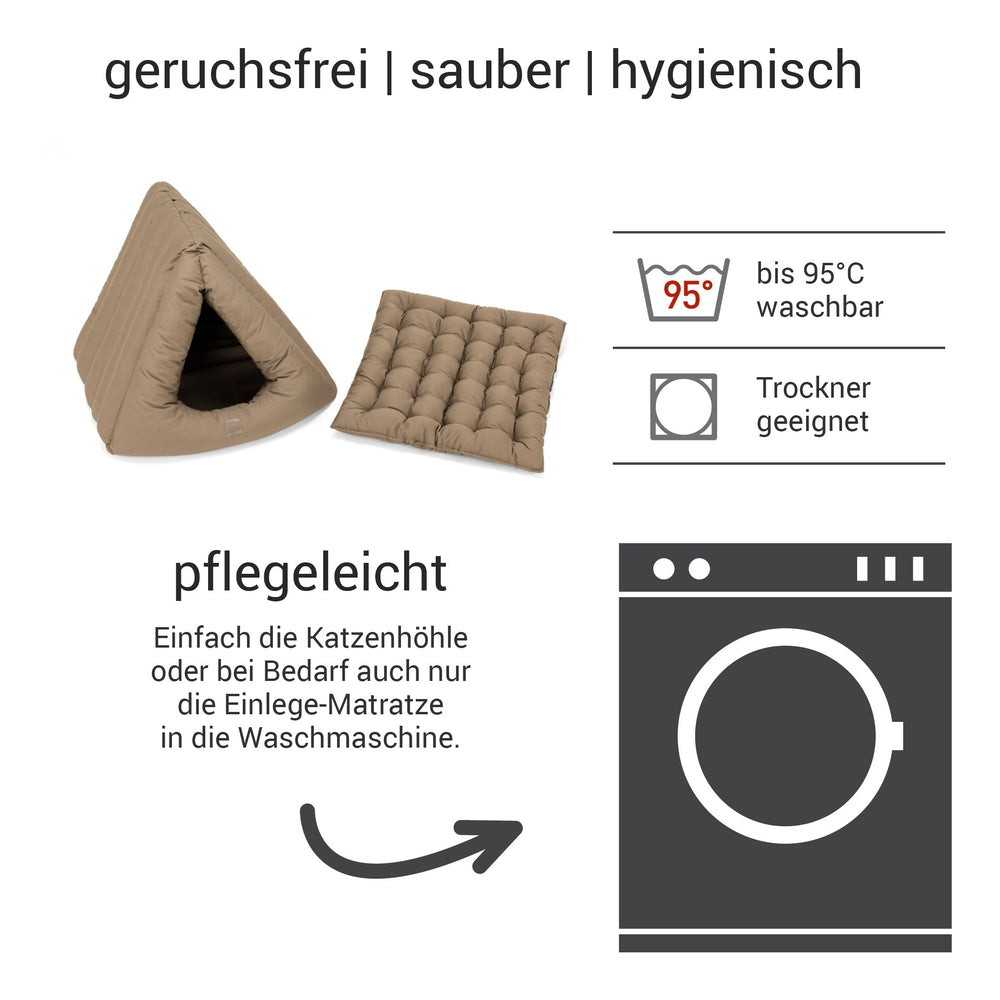 Katzenhöhle Deluxe in Beige, dreieckig mit herausnehmbarer Matratze für hygienisches und geruchsfreies Wohlbefinden.