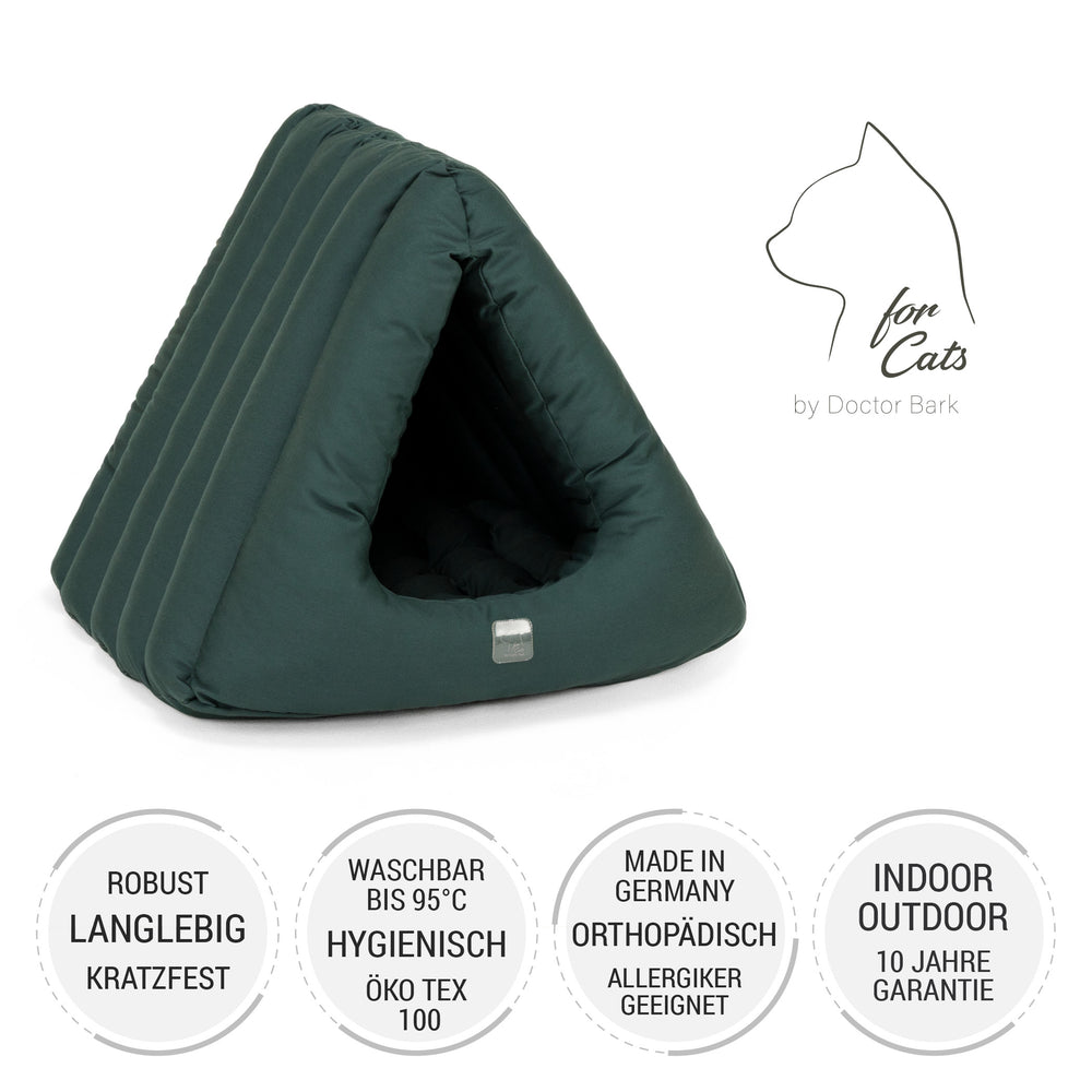 Dreieckiges, dunkelgrünes Katzenbett mit gestepptem Design und kratzfester, waschbarer Oberfläche bis 95 Grad.