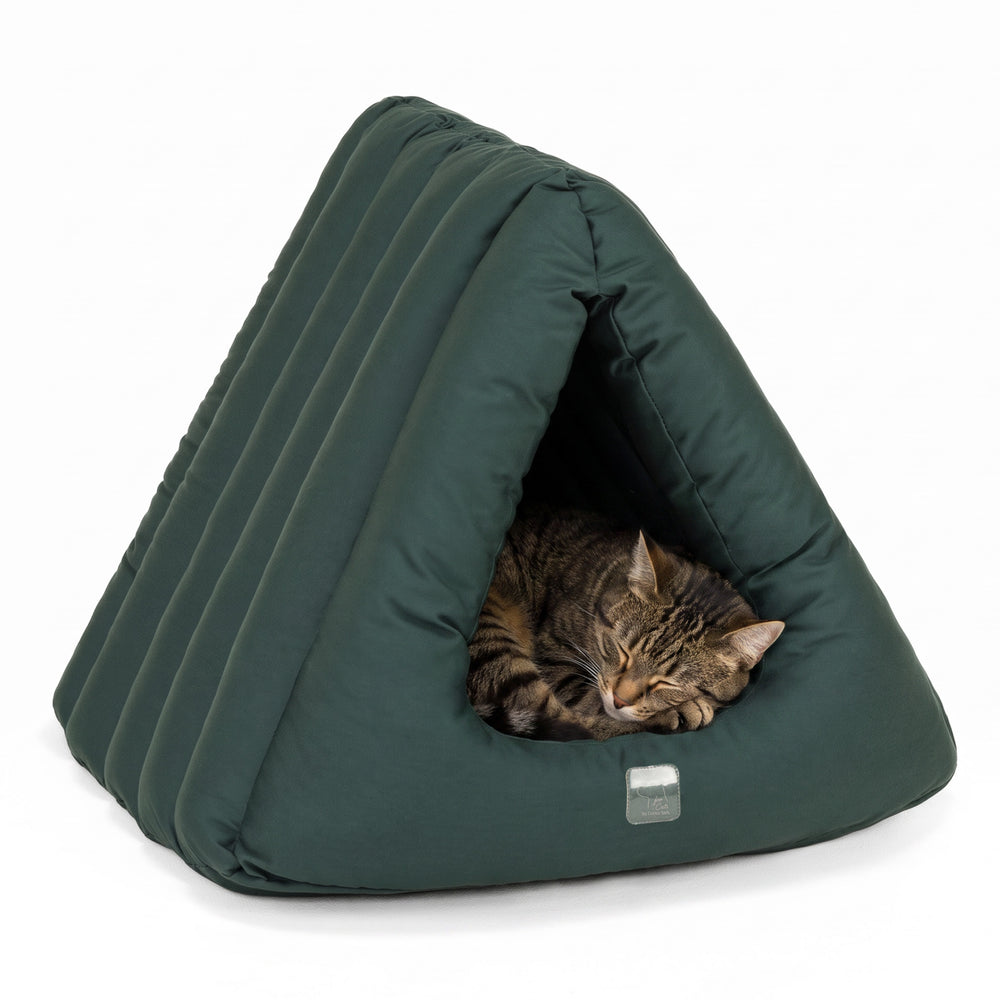 Entspannte getigerte Katze liegt in einer grünen, pyramidenförmigen Katzenhöhle aus gepolstertem Material.