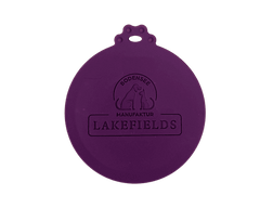 Runder lila Silikonanhänger für Dosendeckel mit "Bodensee Manufaktur" und "Lakefields" Aufdruck. Ideal für Nassfutter.