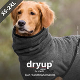 Hund trägt grauen Dryup® Hundebademantel, weich und warm. Größe XS-2XL, Hund entspannt und zufrieden.