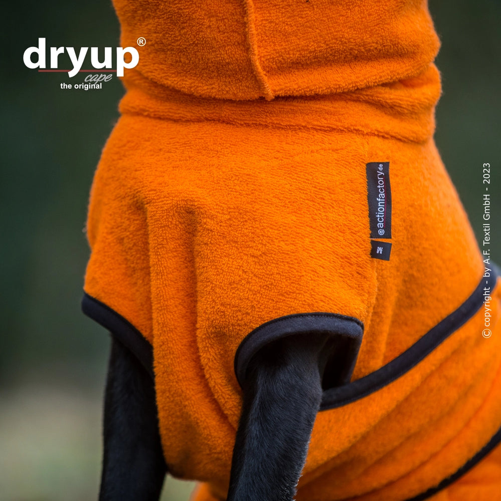 Orangefarbener Hundebademantel aus Fleece mit Kapuze und schwarzem Rand, Logo "dryup" sichtbar.