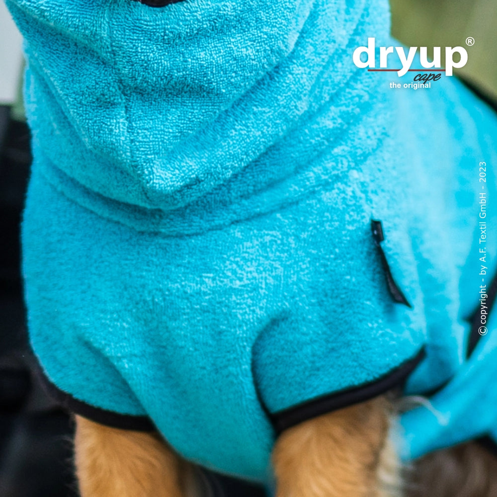 Hund im blauen Dryup® Bademantel mit Kapuze, flauschig und bequem, ideal nach dem Bad oder Regen.