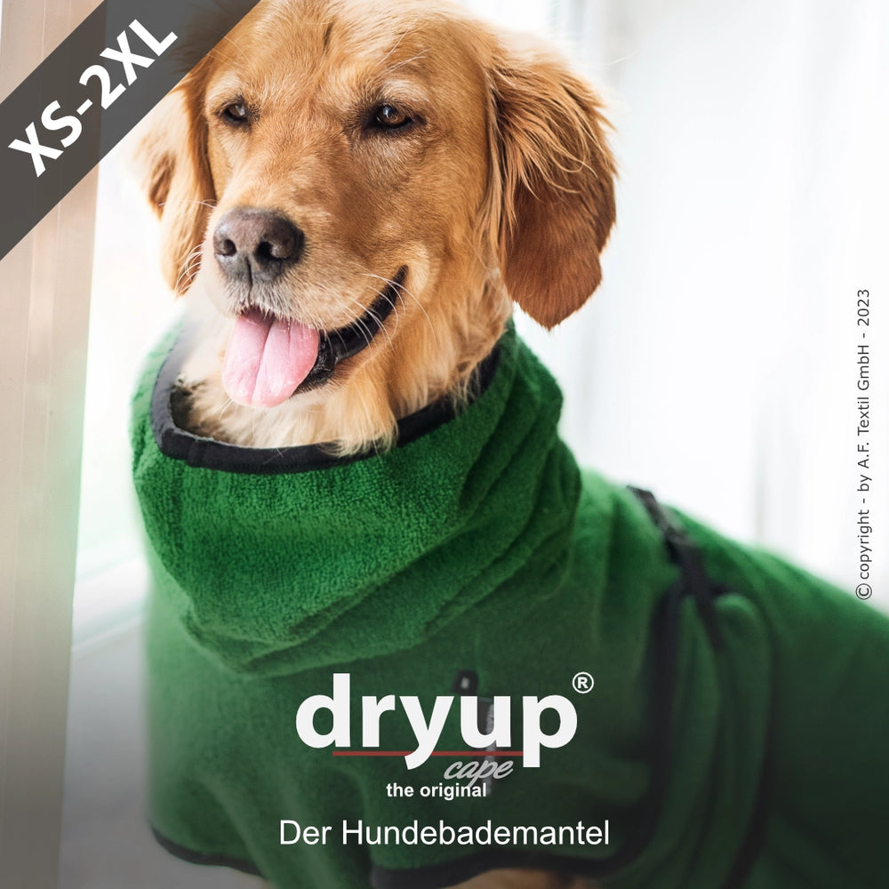 Glücklicher Hund in flauschigem grünen Bademantel von Dryup®, Größen XS-2XL, ideal für nach dem Baden.