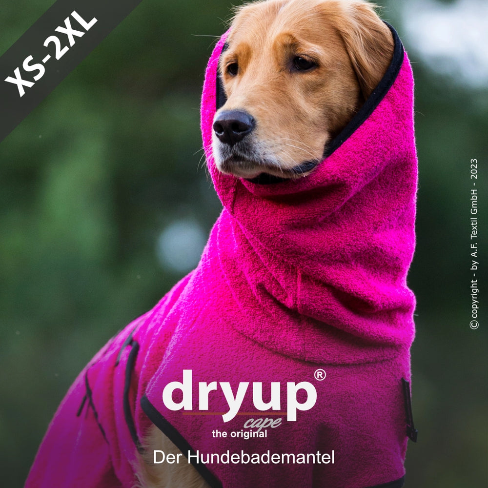 Hund im pinken Dryup® Hundebademantel mit Kapuze, draußen in natürlicher Umgebung.