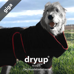Fröhlicher Hund im schwarzen Hundebademantel mit roten Akzenten auf der Wiese, „dryup® cape giga“ sichtbar.