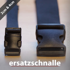 Zwei schwarze Kunststoff-Ersatzschnallen in 2 cm und 4 cm Breite auf hellem Hintergrund angeordnet.