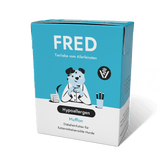 Hypoallergenes Hundefutter FRED VET in blauer Verpackung, ideal für futtersensible Hunde und zur Unterstützung der Verdauung.