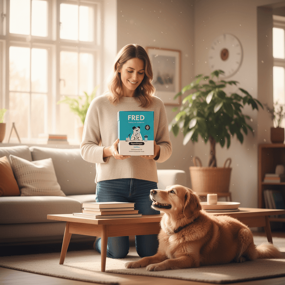 FRED VET Hypoallergen für Hunde: diätetisches Futter gegen Nahrungsmittelunverträglichkeiten, in hellem Wohnzimmer mit Golden