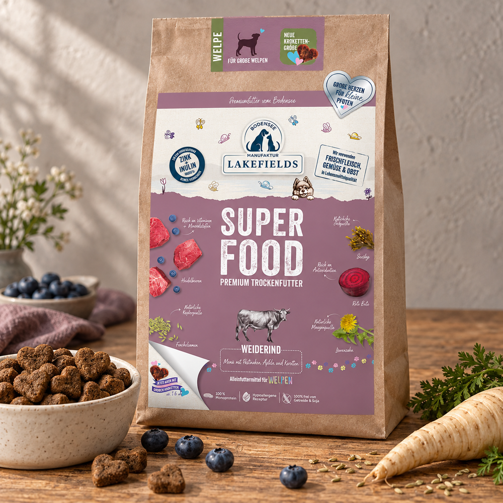 Trockenfutter SUPERFOOD Rind (Welpen) – große Kroketten – 2,5 kg – Fellino Produktmotiv 2026-10-07