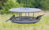 Rundes Futterhaus Granicium mit Hängung, Vogelfutter und zwei Meisen auf der schattierten Oberfläche.