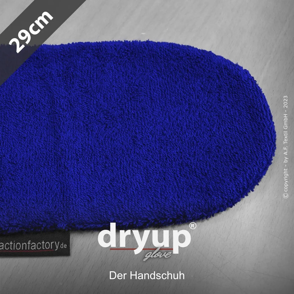 Blauer Dryup® Glove aus weichem Frottee, 29 cm lang, mit der Aufschrift „dryup glove“ auf neutralem Hintergrund.