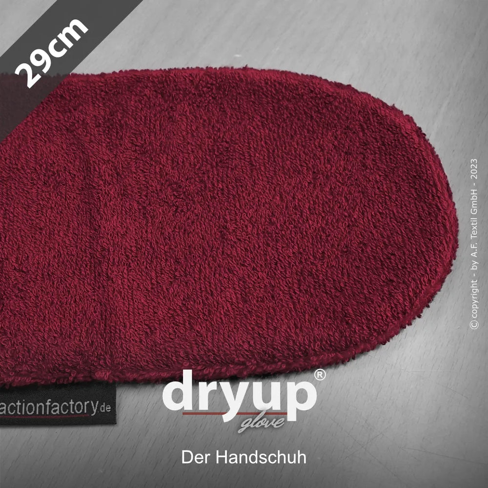 Roter flauschiger Dryup® Handschuh in Größe 29 cm mit Markenname und Hinweis „Der Handschuh“ auf hellem Hintergrund.